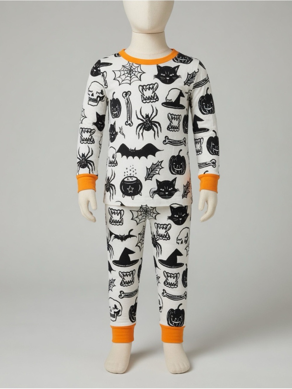 Little Sleepies Halloween Print Pajama Set in Black and Orange on Cream